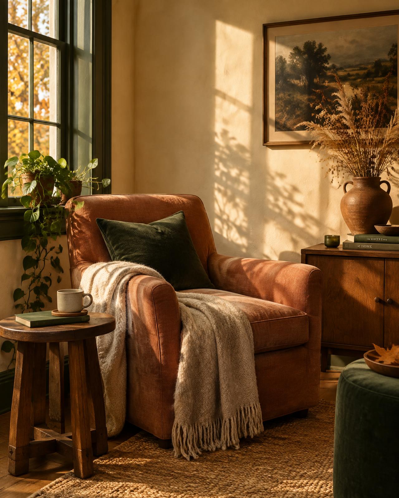 A warm armchair by a sunlit window